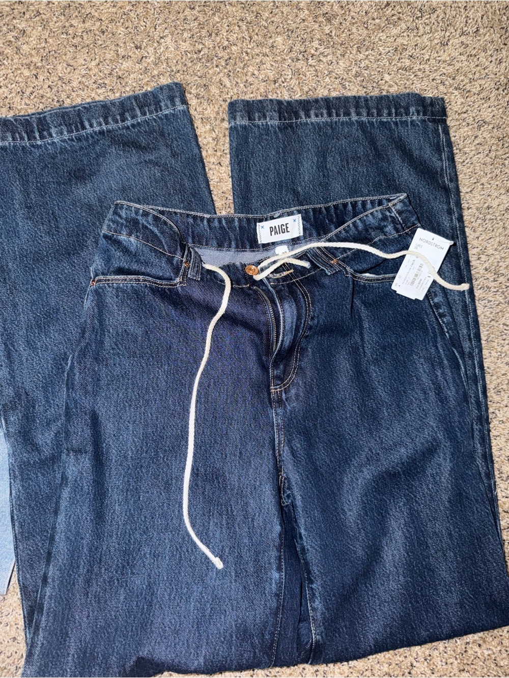 PAIGE Dark Blue Denim Wide Leg Jeans with White Drawstring